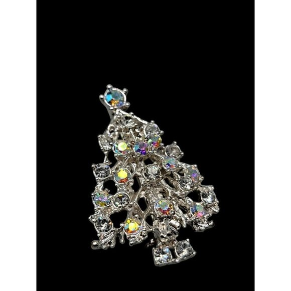 Aurora Borealis Christmas Tree Brooch Silver Tone Sparkling Prong Set Rhinestone - Picture 3 of 10